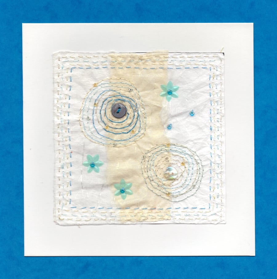 "Whirls & Blue Flowers": Handstitched Japanese Tissue Greetings Card