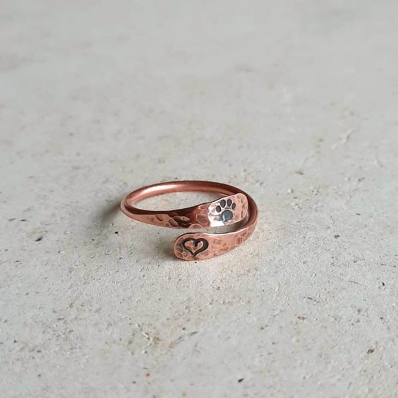 Copper Paw Print and Love Heart Wrap Around Ring - Adjustable - Hand Stamped