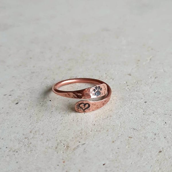 Copper Paw Print and Love Heart Wrap Around Ring - Adjustable - Hand Stamped