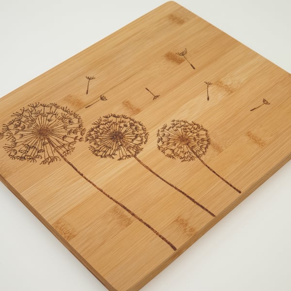 wooden chopping board with pyrography dandelions, wooden kitchen gift 
