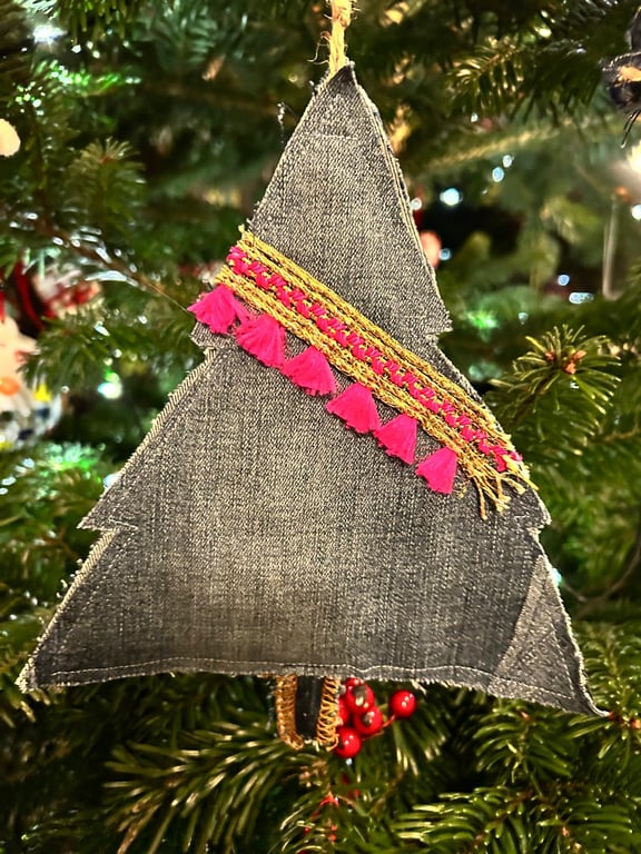 Preloved denim - hand made Christmas tree hanging decoration 