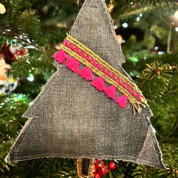 Preloved denim - hand made Christmas tree hanging decoration 