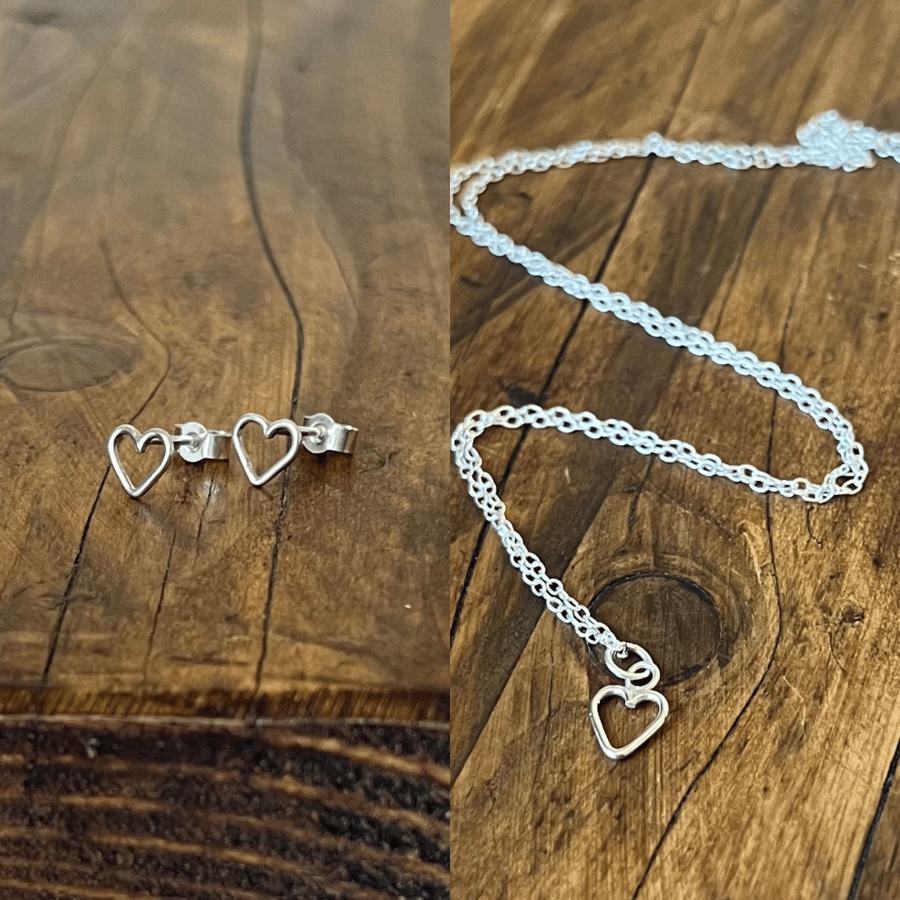 Handmade Silver Heart Stud Earrings & Pendant Set