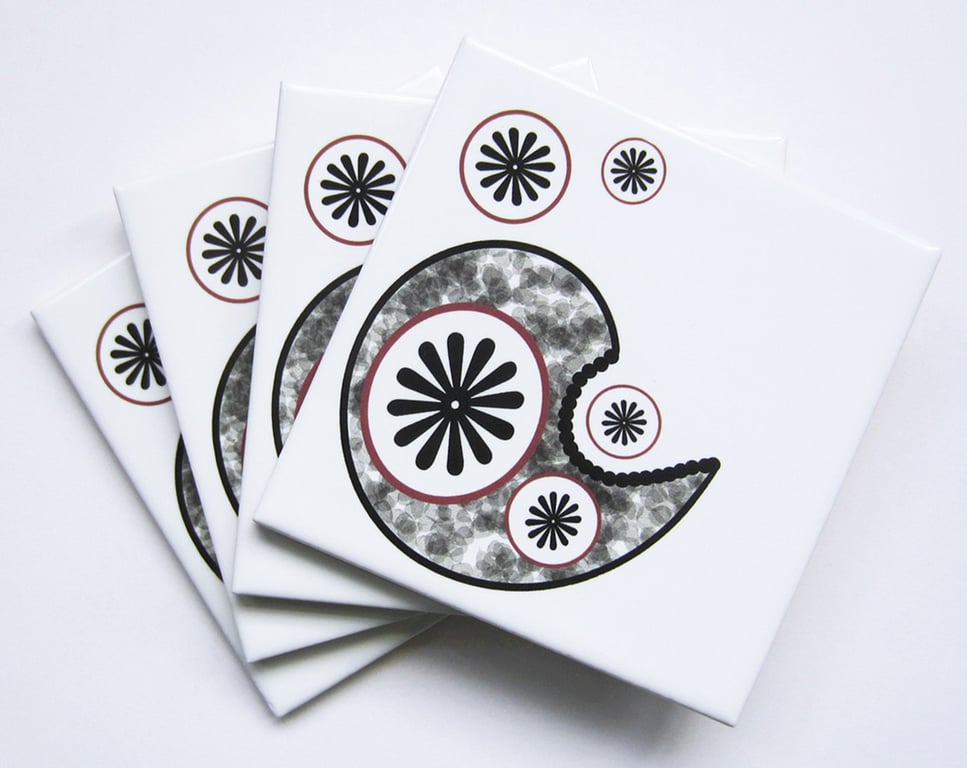 Set of 4 Paisley and Star Motif Ceramic Tile Coasters with Cork Backing