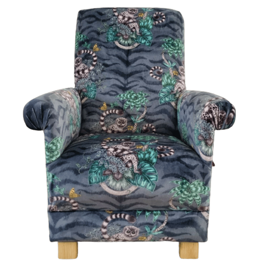 Emma Shipley Lemur Velvet Fabric Adult Armchair Chair Monkeys Navy Blue Animals