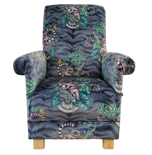 Emma Shipley Lemur Velvet Fabric Adult Armchair Chair Monkeys Navy Blue Animals