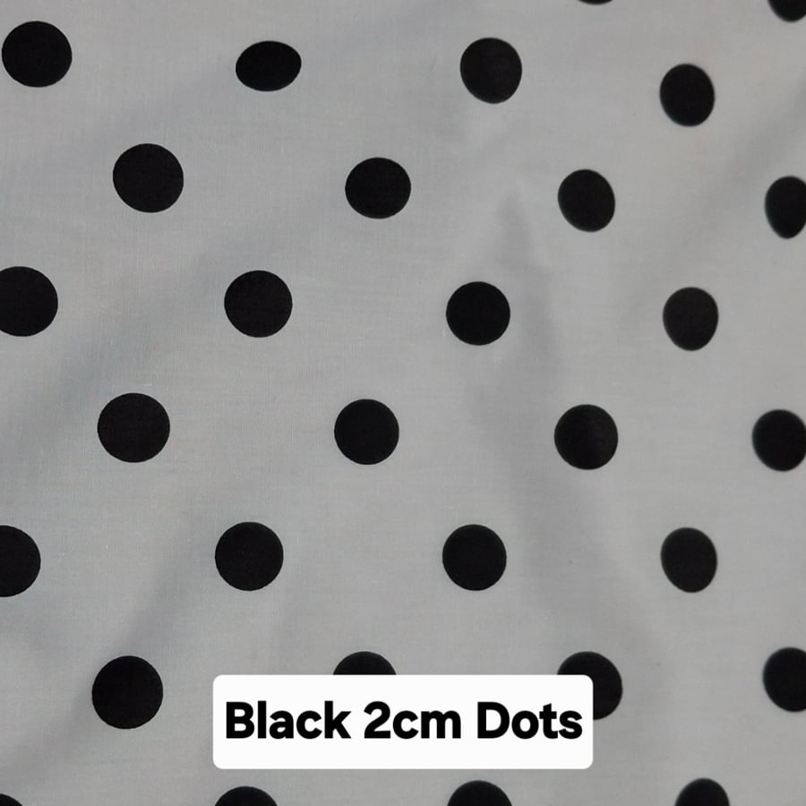 1 Metre Black 2cm Polka Dots Lightweight Poycotton Fabric 1.12m Wide