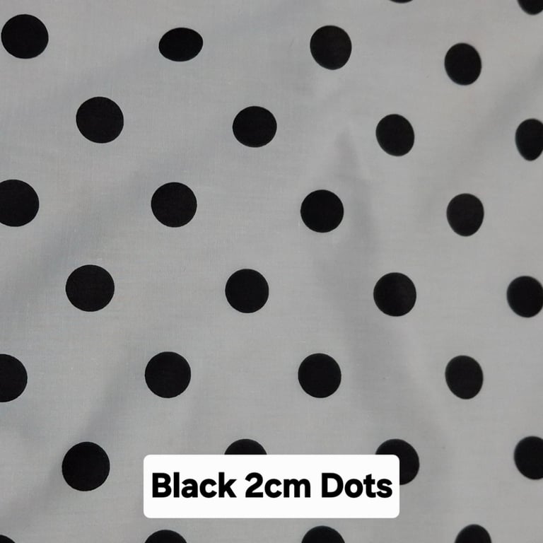 1 Metre Black 2cm Polka Dots Lightweight Poycotton Fabric 1.12m Wide