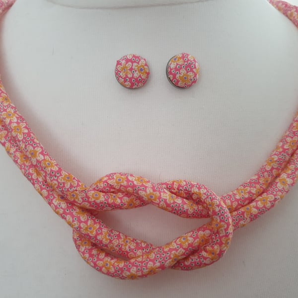 fabric knotted statement necklace fabric stud earrings textile jewellery set qui