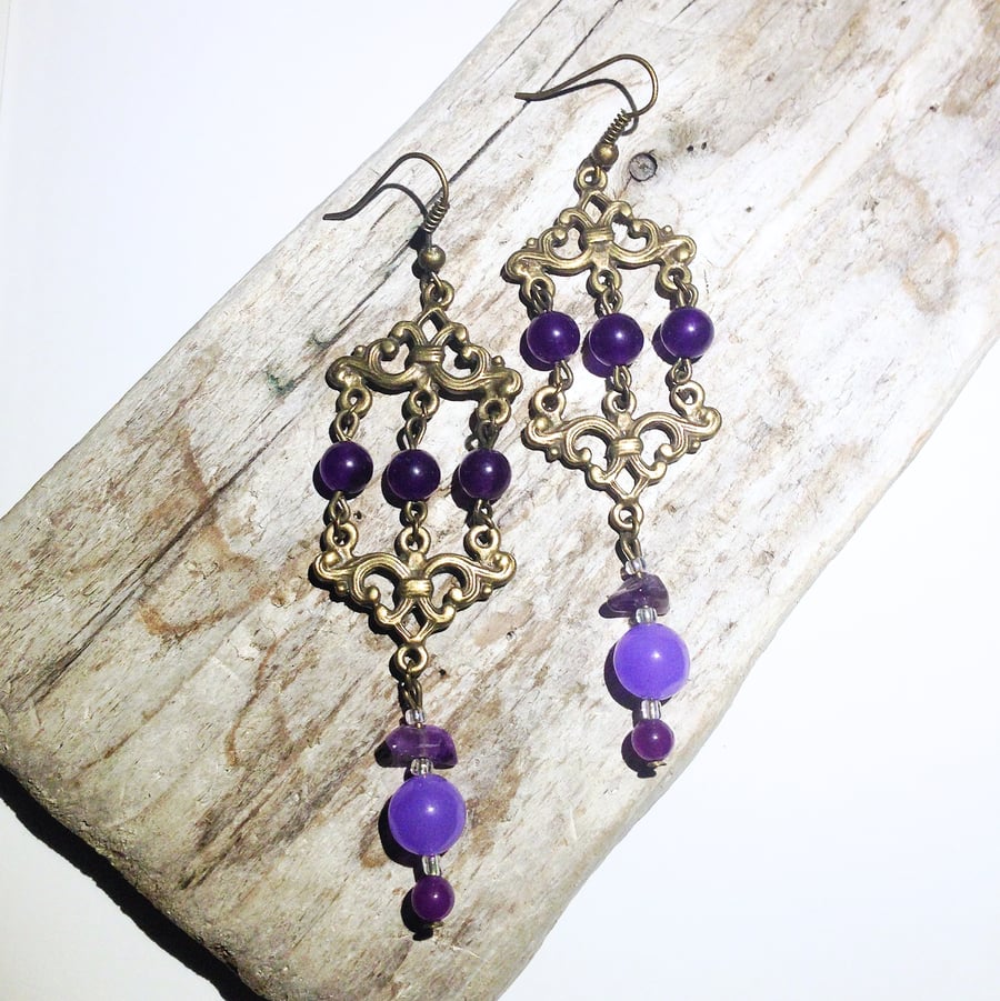 Purple Jade and Amethyst Gemstone Earrings - UK Free Post