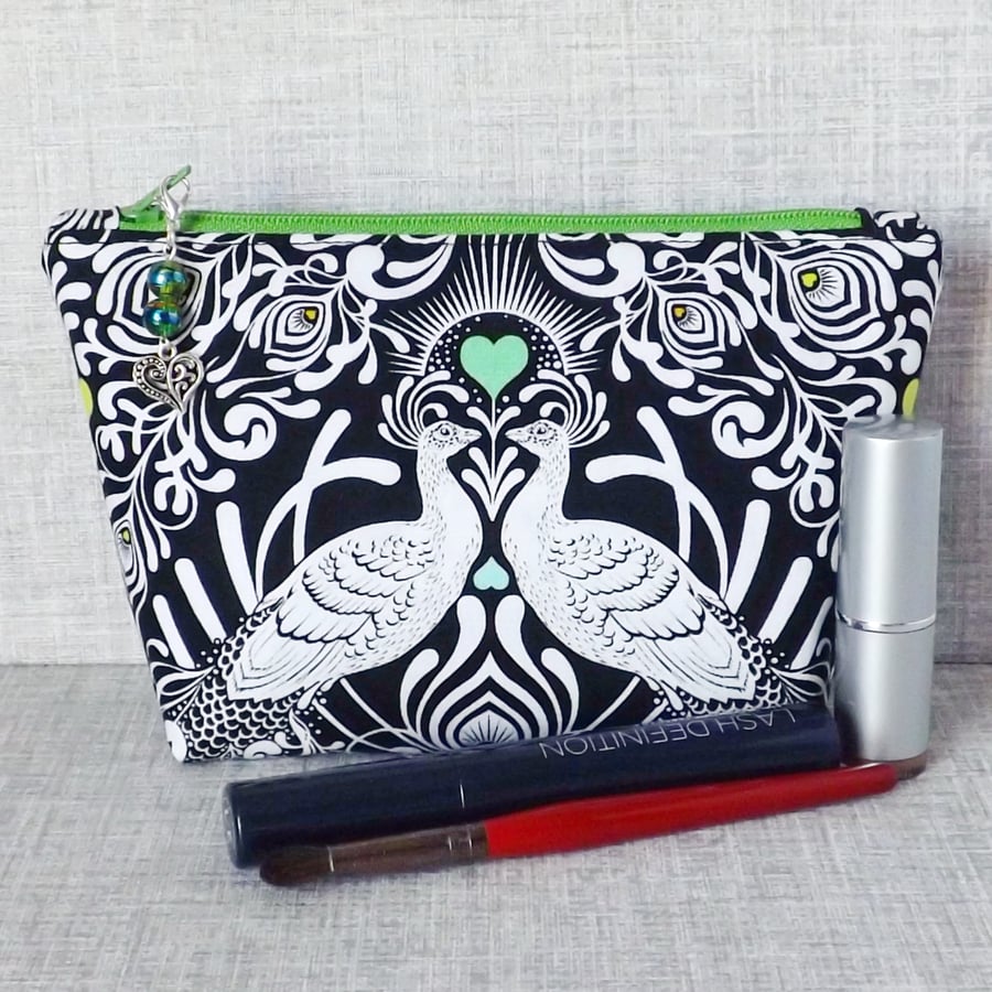 Makeup bag, zipped pouch, cosmetic bag, peacocks