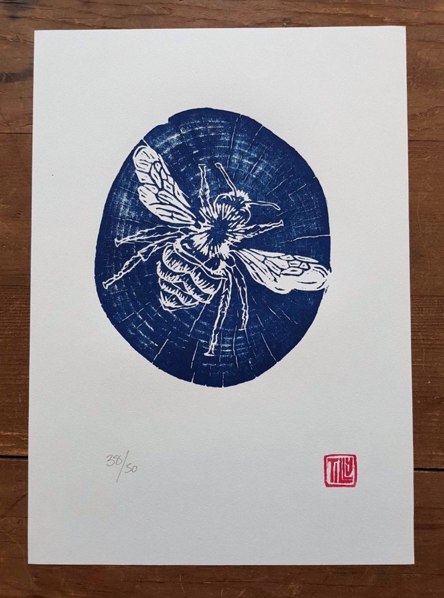 Bee woodcut, woodblock print, garden, printmaking, prussian blue, art print