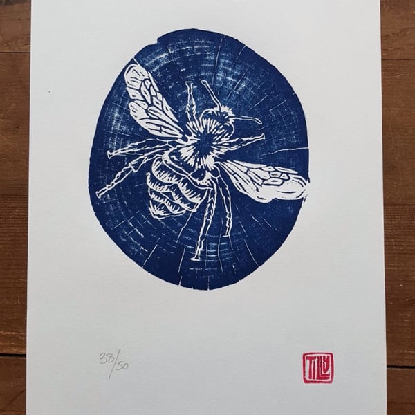 Bee woodcut, woodblock print, garden, printmaking, prussian blue, art print