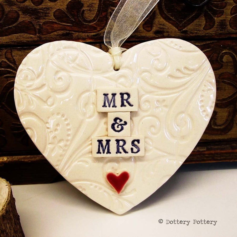 Ceramic Wedding heart decoration Mr and Mrs Bride and Groom Pottery