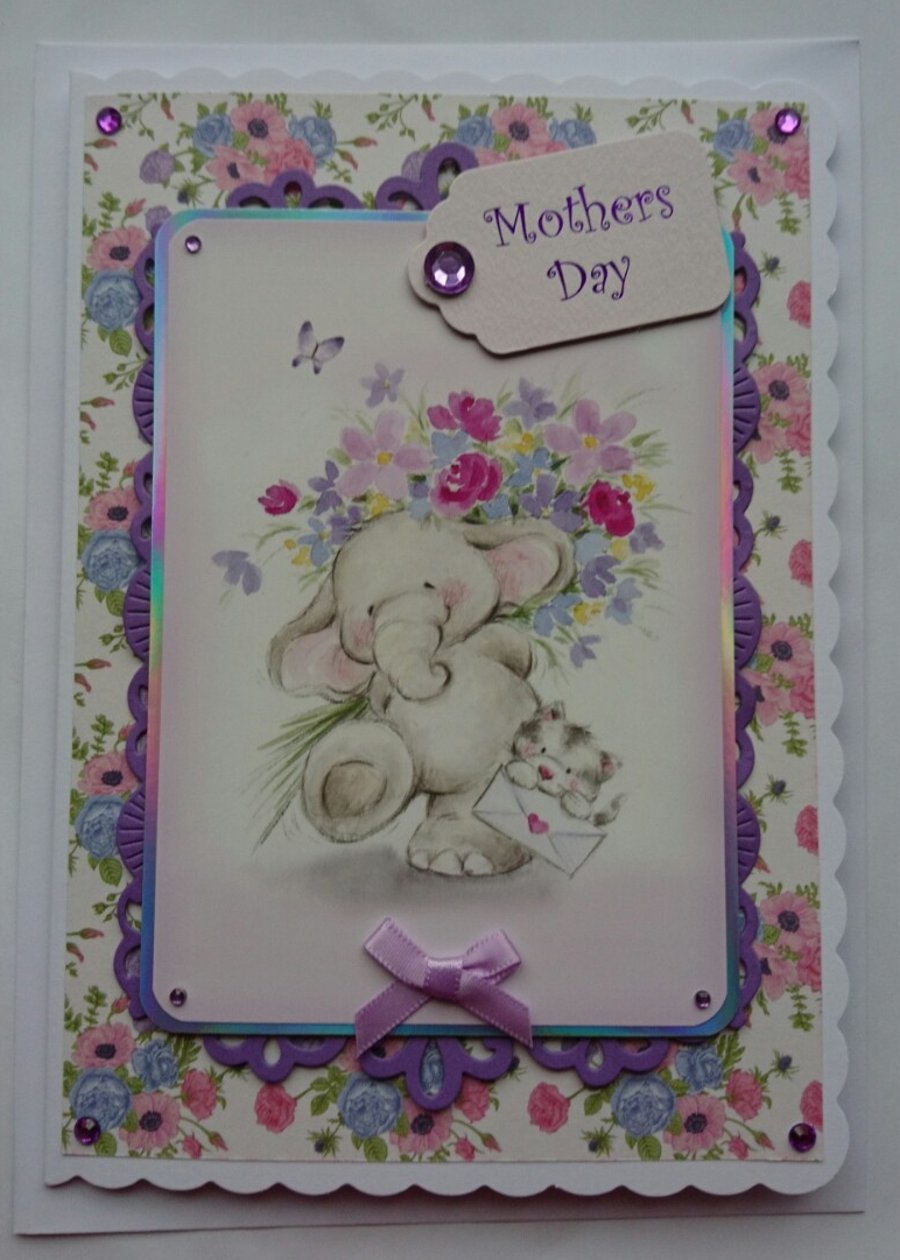 Happy Mother's Day Card Cute Elephant and Cat with Flowers 3D Luxury Handmade
