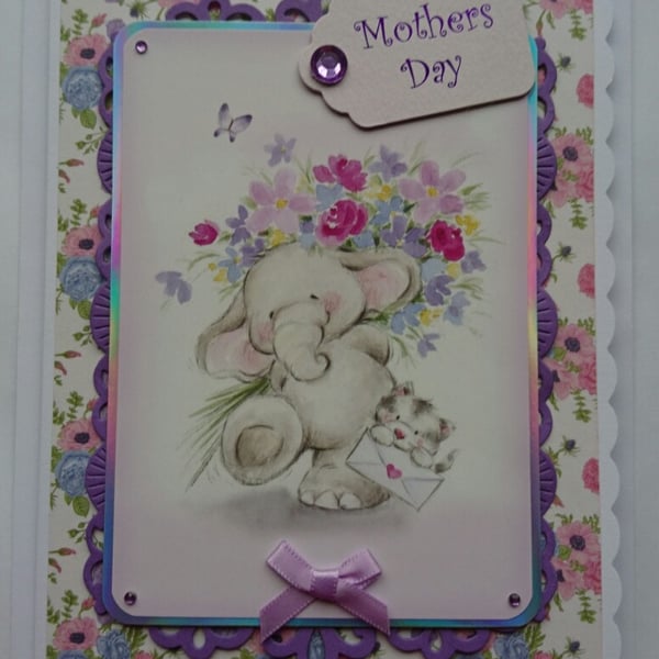 Happy Mother's Day Card Cute Elephant and Cat with Flowers 3D Luxury Handmade