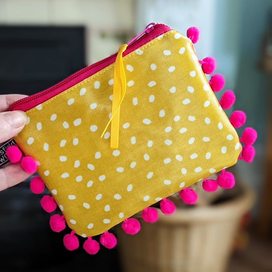 Mustard Oilcloth and Vibrant Pink Pom-pom Pouch Purse