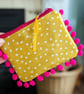 Mustard Oilcloth and Vibrant Pink Pom-pom Pouch Purse (P&P included)
