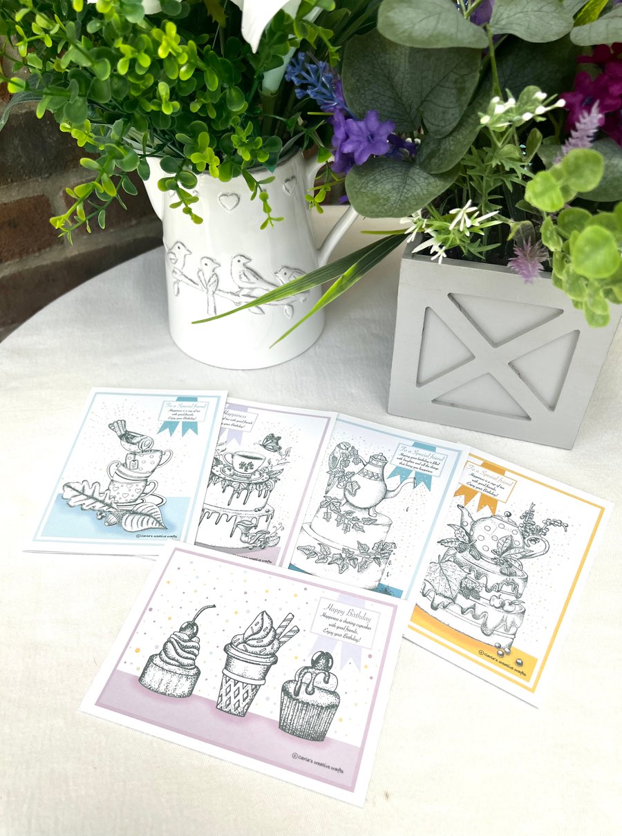 Birthday cards bundle - A6 X 5 Afternoon Tea greeting cards & envelopes