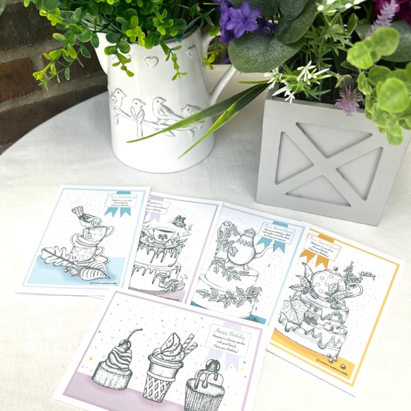 Birthday cards bundle - A6 X 5 Afternoon Tea greeting cards & envelopes