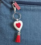 Needle Felted Heart Keychain – Red & White Heart Charm with Tassel, Free Postage - Image 1
