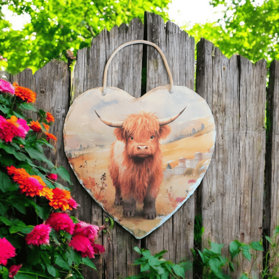 Highland Cow Decoupaged Large Decoupaged Slate Heart