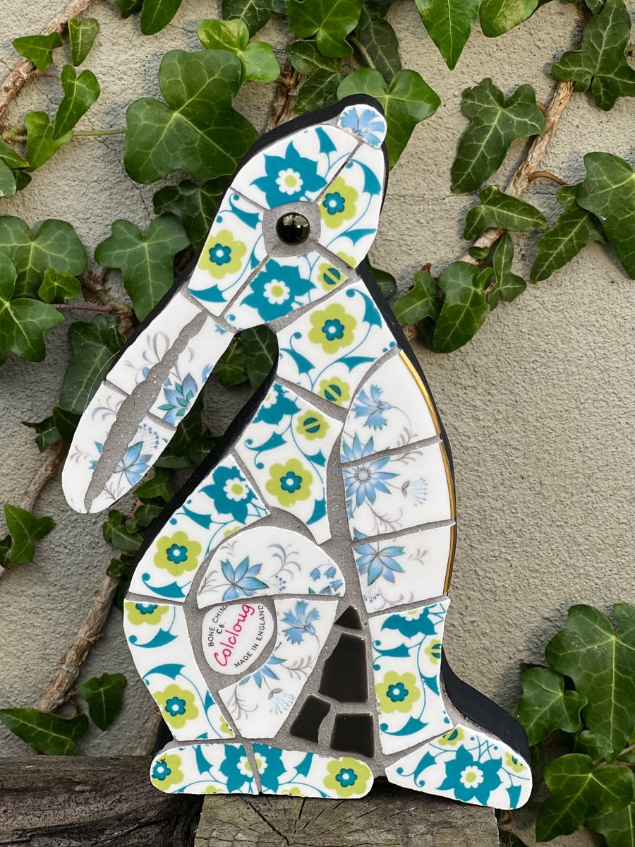 Mosaic Moon Gazing Hare, Made with Vintage china, Ceramic Mosaic Art