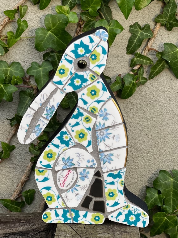 Mosaic Moon Gazing Hare, Made with Vintage china, Ceramic Mosaic Art