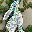 Mosaic Moon Gazing Hare, Made with Vintage china, Ceramic Mosaic Art