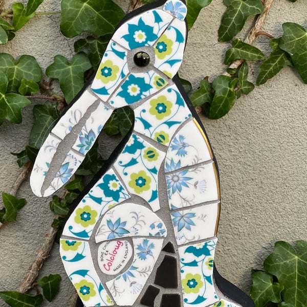 Mosaic Moon Gazing Hare, Made with Vintage china, Ceramic Mosaic Art