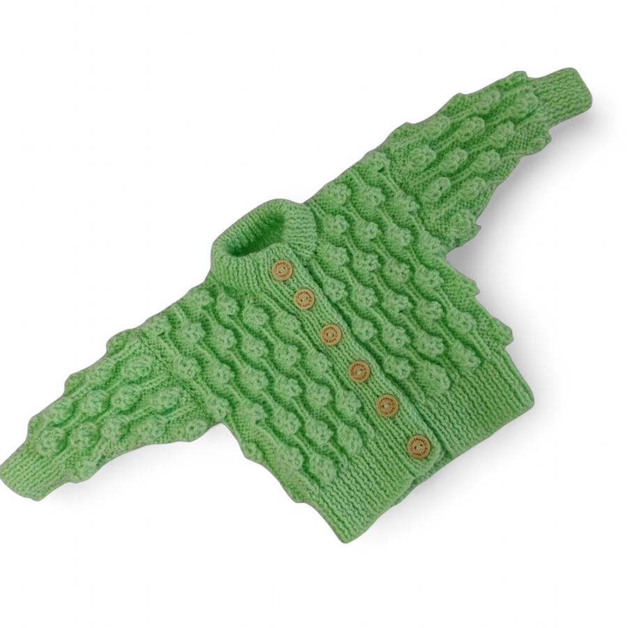 Green Hand Knitted Baby Cardigan, Bobble Pattern, Gender-Neutral, 0-6 Months