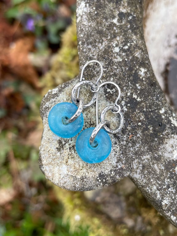 Apatite blue recycled African glass and oxidised silver small dangle earrings