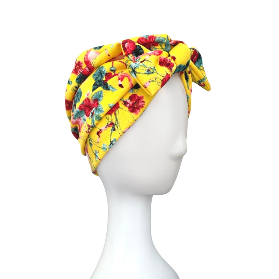 Turban for Women - Yellow floral pre tied crepe jersey bow turban head wrap hat