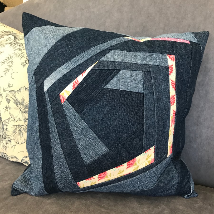 Crazy Patchwork cushion in recycled denim