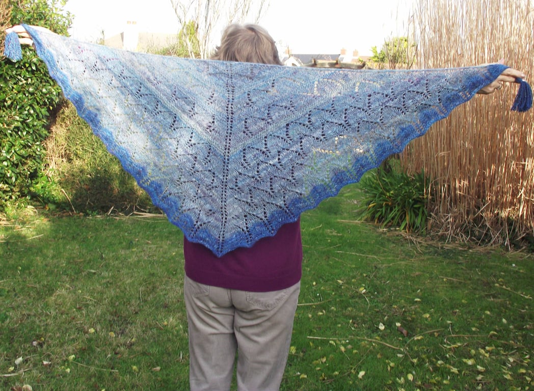 Lacy Shawl, Handspun Knitted Blues- Merino Wool, Bamboo & Recycled Sari Silk