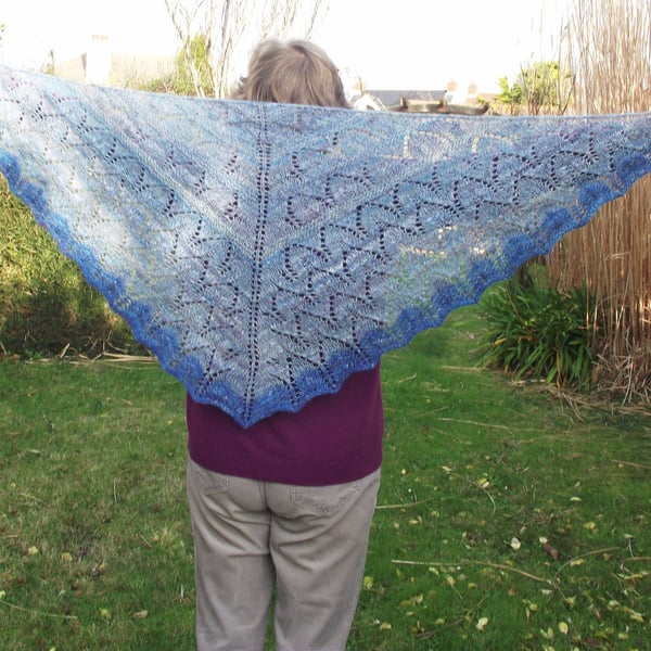Lacy Shawl, Handspun Knitted Blues- Merino Wool, Bamboo & Recycled Sari Silk