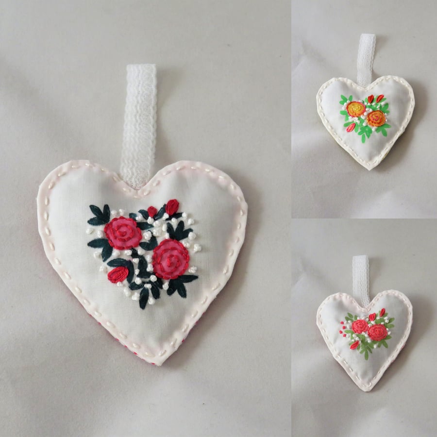 SALE - Trio of Heart Lavender Bag stencilled and embroidered with roses