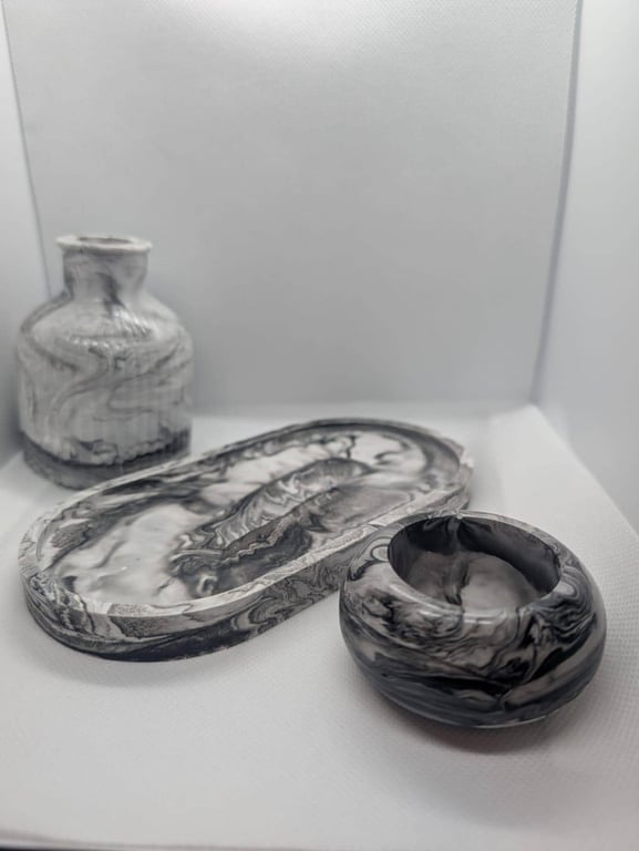 Black and White Marble Ecoresin Tray, Vase & Tealight Holder Set
