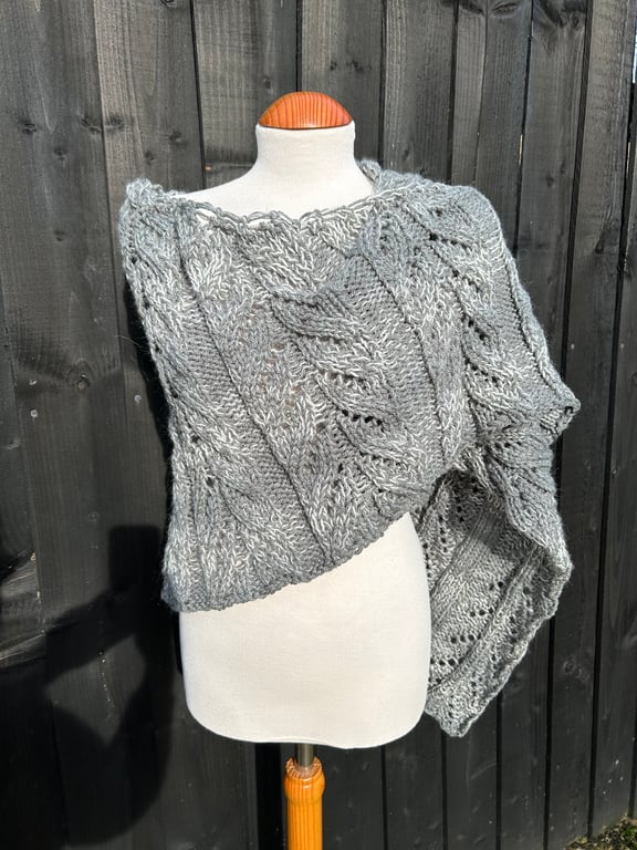 Soft Fluffy Merino Wool Blend Textured Lace Asymmetrical Triangle Wrap Shawl
