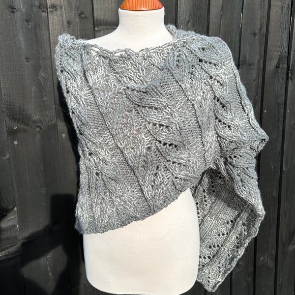 Soft Fluffy Merino Wool Blend Textured Lace Asymmetrical Triangle Wrap Shawl