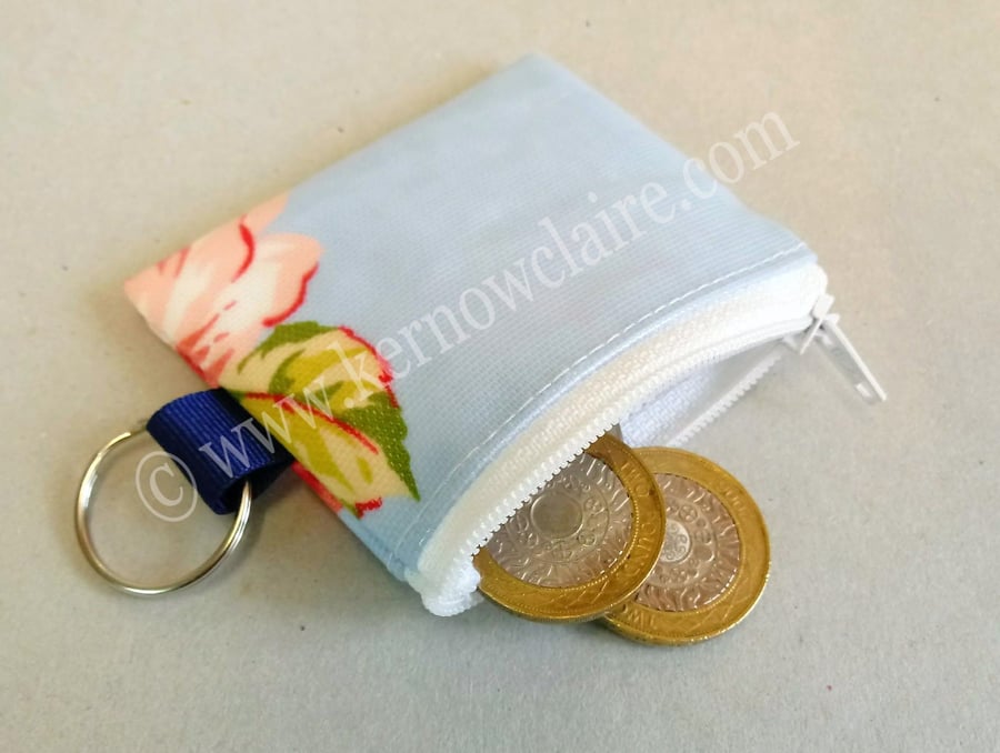 Mini coin purse in blue with pink flowers, key ring, SALE