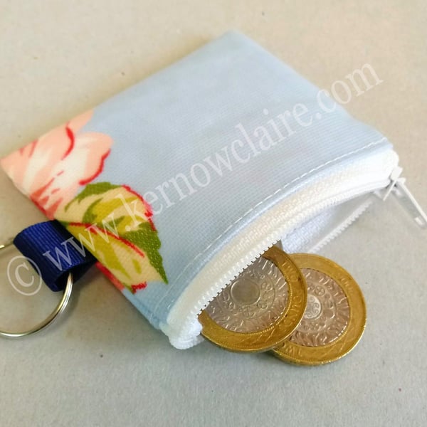 Mini coin purse in blue with pink flowers, key ring, SALE