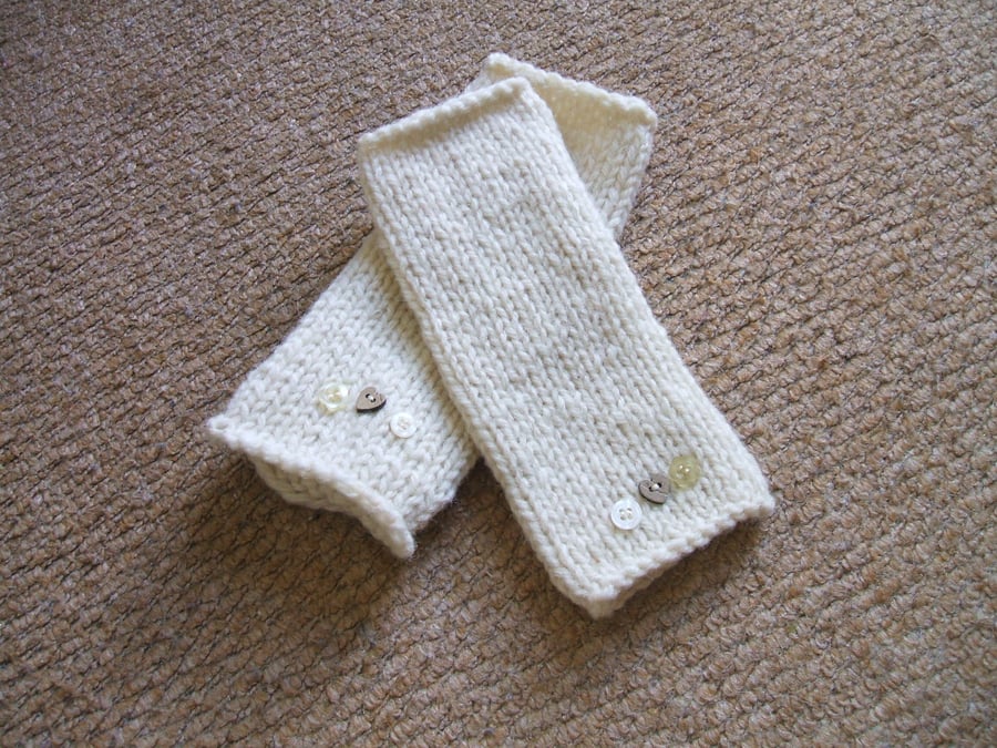Hand knitted wrist warmers, fingerless mittens - cream wool