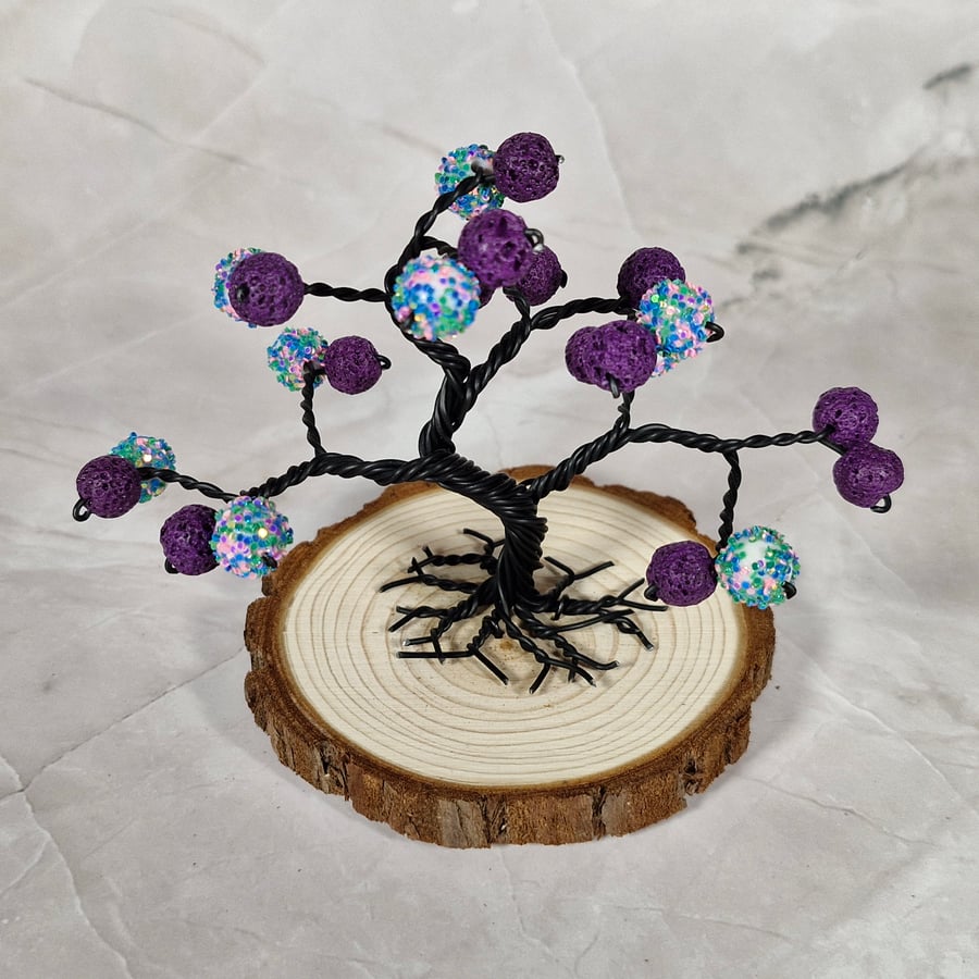 Small Wire Tree with Purple and Multicoloured Beads on a Wooden Base