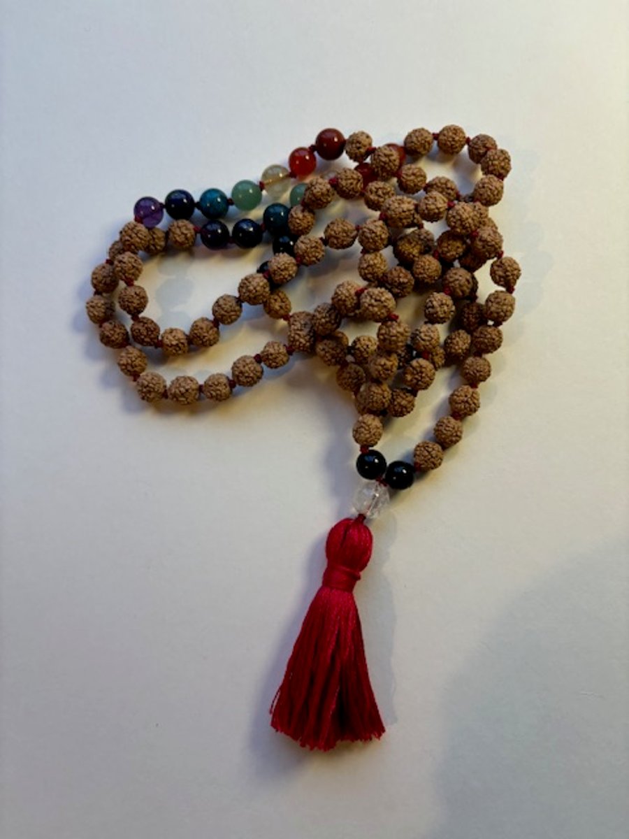 Mala Beads (108) Rudraksha & Chakra Gemstones with Red Tassel