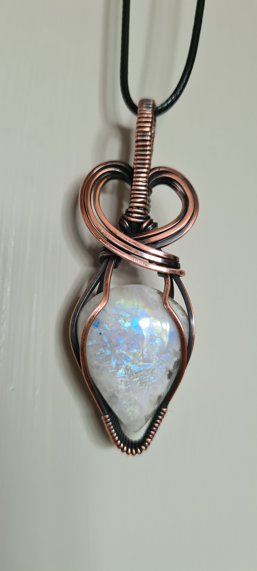 Handmade Natural Rainbow Moonstone & Copper Necklace Pendant Gift Boxed Crystal