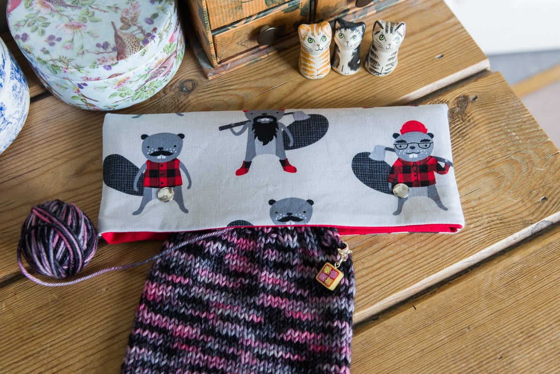 DPN holder, cosy or case for 8 inch dpns made with fun Burly Beavers print