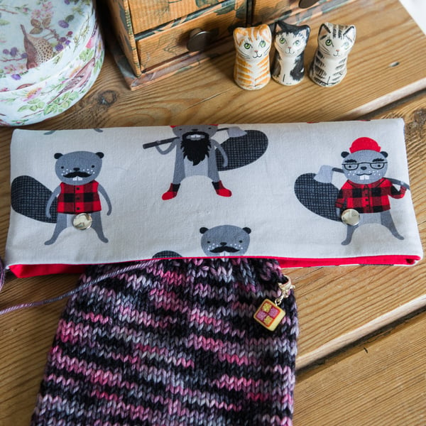 DPN holder, cosy or case for 8 inch dpns made with fun Burly Beavers print