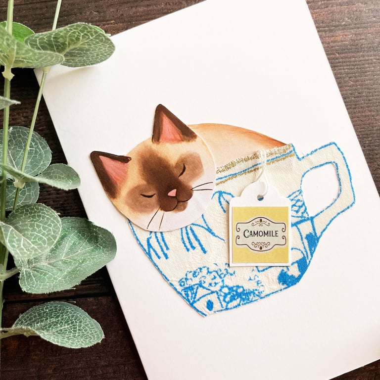 Siamese cat, handmade cat card, card for cat lover, cat in a cup