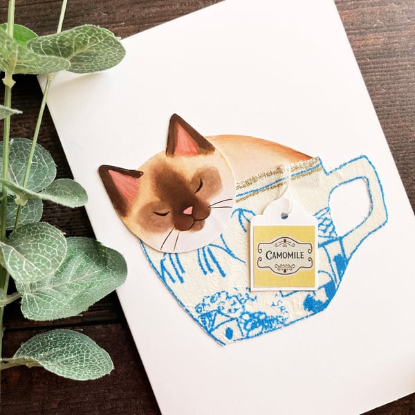 Siamese cat, handmade cat card, card for cat lover, cat in a cup
